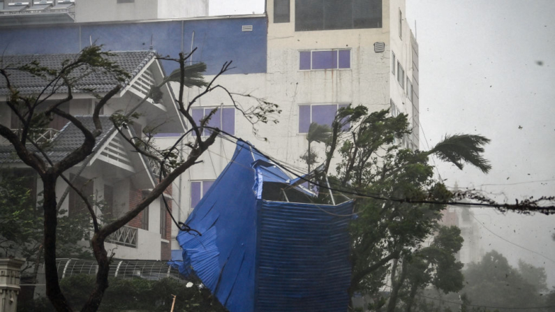 Los escombros de una valla destruida están enredados en los árboles después de que el súper tifón Yagi azotara Hai Phong (Vietnam) el 7 de septiembre de 2024. (Nhac Nguyen/AFP vía Getty Images)