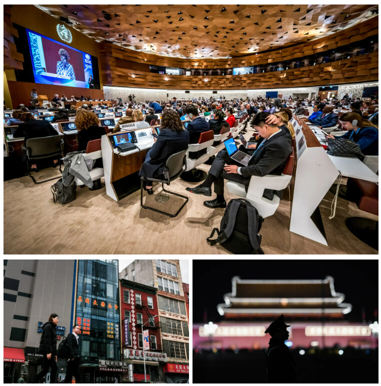 (Arriba) Delegados asisten a la jornada inaugural de la 77° Asamblea Mundial de la Salud de la Organización Mundial de la Salud, en Ginebra, el 27 de mayo de 2024. (Abajo a la izquierda) La gente pasa por delante de un edificio (centro) que se sospecha que se utiliza como comisaría de policía secreta en Chinatown con el fin de reprimir en nombre del PCCh a los disidentes que viven en Estados Unidos, situado en el barrio del bajo Manhattan de la ciudad de Nueva York, el 18 de abril de 2023. (Abajo a la derecha) Un policía paramilitar hace guardia en la plaza de Tiananmen tras una sesión plenaria del Congreso Nacional del Pueblo en el adyacente Gran Salón del Pueblo, en Beijing, el 11 de marzo de 2018. (Fabrice Coffrini/AFP via Getty Images, Spencer Platt/Getty Images, Greg Baker/AFP via Getty Images)