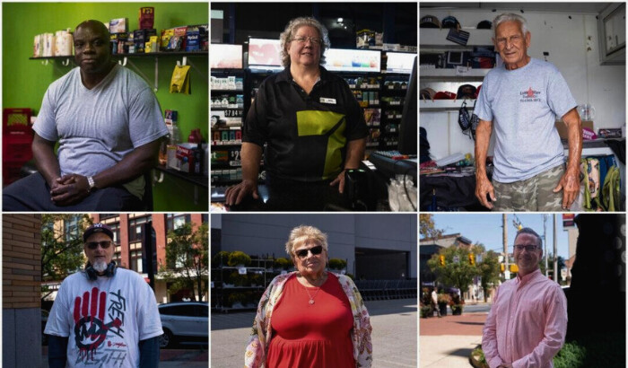 Lawrence Clark en su tienda de conveniencia 4 Thee Family II en el centro de York, Pensilvania, el 5 de septiembre de 2024, Susan Diehl, de 66 años, en Newburgh, Pensilvania, el 5 de septiembre de 2024, y Michael Nicolazzo en Butler, Pensilvania, el 6 de septiembre de 2024. (Abajo de izquierda a derecha) Dave Brueggeman, de 60 años, veterano del Ejército de EE. UU., en el centro de York, Pensilvania, el 5 de septiembre de 2024, Mikki Breitmos en Butler, Pensilvania, el 6 de septiembre de 2024, y Marco Ceo, de 54 años, en el centro de York, Pensilvania, el 5 de septiembre de 2024. (Madalina Vasiliu/ The Epoch Times)