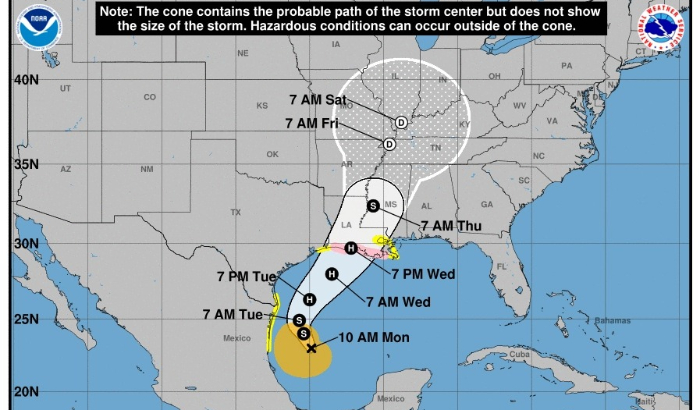 El Centro Nacional de Huracanes proyecta la trayectoria de la tormenta tropical Francine a las 10 a.m. (CT) del 9 de septiembre de 2024. (Centro Nacional de Huracanes/Servicio Meteorológico Nacional)