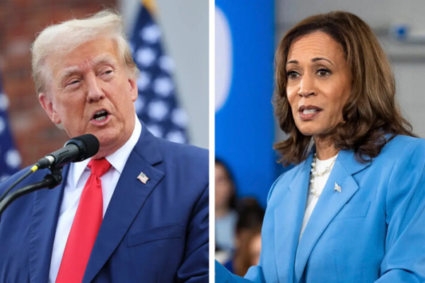 (Izquierda) El expresidente Donald Trump habla durante una conferencia de prensa en Bedminster, Nueva Jersey, el 15 de agosto de 2024. (Derecha) La candidata presidencial demócrata a la vicepresidencia, Kamala Harris, habla en Raleigh, Carolina del Norte, el 16 de agosto de 2024. (Michael M. Santiago/Getty Images; Grant Baldwin/Getty Images)