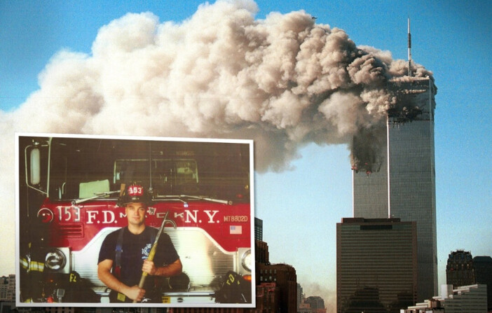 Las torres gemelas durante los atentados del 11 de septiembre de 2001 (Robert Giroux/Getty Images); (Inserto) Stephen Siller. (Cortesía de Tunnel to Towers).

