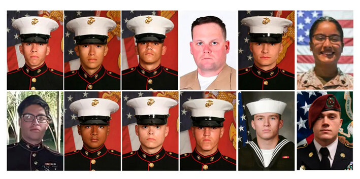 Doce militares muertos en el atentado del aeropuerto de Kabul, Afganistán, el 26 de agosto de 2021. Fila superior, de izquierda a derecha: Lance Cpl. Dylan R. Merola, Cpl. Hunter Lopez, Cpl. Kareem M. Nikoui, Staff Sgt. Darin T. Hoover, Cpl. Daegan W. Page, y Sgt. Johanny Rosario Pichardo. Fila inferior, de izquierda a derecha: Cabo Humberto A. Sánchez, soldado de primera David L. Espinoza, soldado de primera Jared M. Schmitz, soldado de primera Rylee J. McCollum, cabo de la Armada Maxton W. Soviak y sargento primero del Ejército Ryan C. Knauss. En la foto no aparece la sargento Nicole L. Gee, que también murió. (1ra División de Marines, Camp Pendleton/Departamento de Defensa de EE.UU. vía AP)