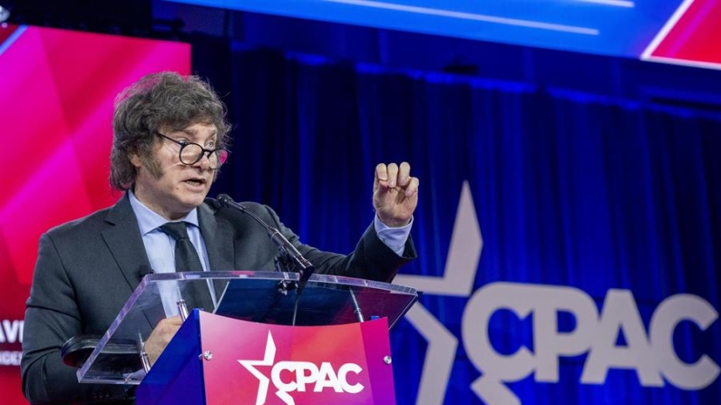 Fotografía de archivo del presidente de Argentina, Javier Milei, durante la Conferencia de Acción Política Conservadora (CPAC) 2024 en National Harbor, Maryland, EE.UU. EFE/Shawn Thew