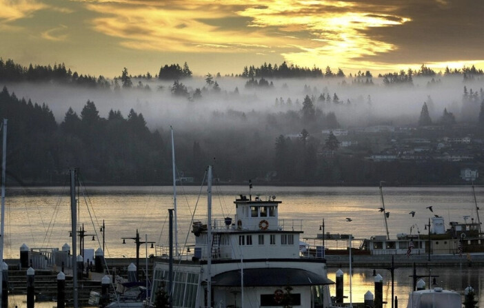 Nubes bajas se ciernen sobre los árboles en Port Orchard visto desde el puerto deportivo Bremerton Harborside en Bremerton, Washington, el 22 de diciembre de 2014. (Larry Steagall/Kitsap Sun vía AP, Archivo). 