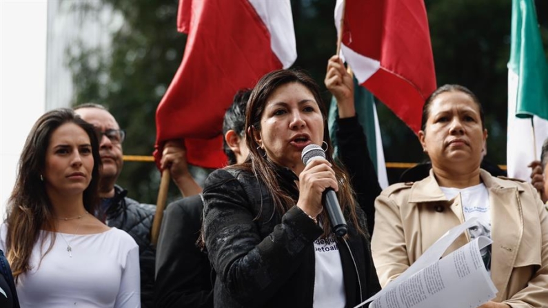 La directora nacional de la Asociación de Magistrados de Circuito y Jueces de Distrito del Poder Judicial de la Federación (JUFED), Juana Fuentes (c), habla durante una manifestación el 11 de septiembre de 2024, en los alrededores del Senado de la República, en Ciudad de México (México). EFE/ Sáshenka Gutiérrez