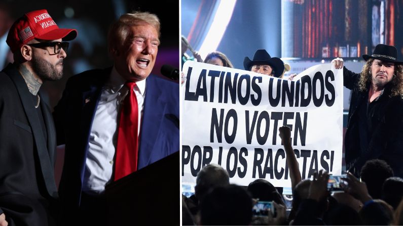 Izq. El candidato presidencial republicano, el expresidente estadounidense Donald Trump (izq.) aparece en el escenario con el artista Nicky Jam durante un mitin de campaña en The Expo at World Market Center Las Vegas el 13 de septiembre de 2024 en Las Vegas, Nevada. (Justin Sullivan/Getty Images)Der. Los integrantes de los grupos musical Maná  sostienen un cartel en el escenario durante la 16.ª edición de los Latin GRAMMY Awards en el MGM Grand Garden Arena el 19 de noviembre de 2015 en Las Vegas, Nevada. (Frazer Harrison/Getty Images para LARAS)