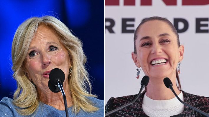 La primera dama estadounidense, Jill Biden, habla durante el primer día de la Convención Nacional Demócrata (DNC) en el United Center de Chicago, Illinois, el 19 de agosto de 2024.  (Foto de ROBYN BECK/AFP vía Getty Images) |  La presidenta electa de México, Claudia Sheinbaum Pardo, durante su conferencia de prensa del 17 de septiembre de 2024. (Comunicación Claudia Sheinbaum)