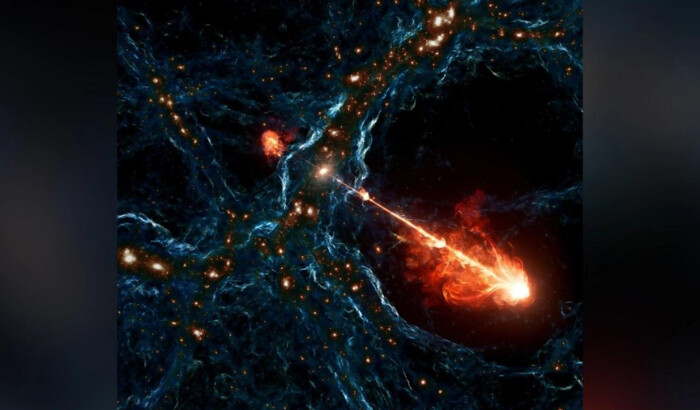 Una ilustración artística del sistema de chorro de agujeros negros más largo jamás observado, que abarca 23 millones de años luz de longitud total, una distancia equivalente a unas 140 veces el diámetro de la galaxia de la Vía Láctea. Colaboración M. (Oei/IllustrisTNG vía Reuters)