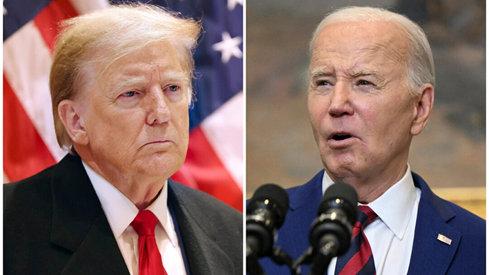 (Izquierda) El expresidente Donald Trump en Nueva York el 25 de marzo de 2024. (Derecha) El presidente Joe Biden en la Sala Roosevelt de la Casa Blanca el 26 de marzo de 2024. (Michael M. Santiago/Getty Images; Pedro Ugarte/AFP vía Getty Images)
