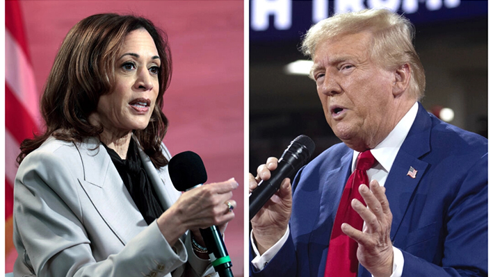 (Izquierda) La vicepresidenta Kamala Harris en Filadelfia el 17 de septiembre de 2024. (Derecha) El expresidente Donald Trump celebra un acto de campaña en Flint, Michigan, el 17 de septiembre de 2024. (Win McNamee, Scott Olson/Getty Images)