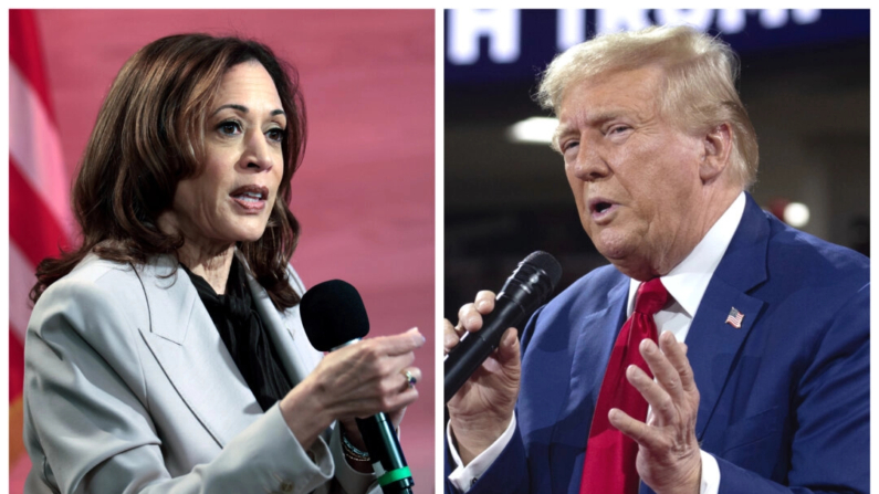 (Izquierda) La candidata presidencial demócrata y vicepresidenta Kamala Harris en Filadelfia el 17 de septiembre de 2024. (Derecha) El candidato presidencial republicano y expresidente Donald Trump en Flint, Michigan, el 17 de septiembre de 2024. (Win McNamee, Scott Olson/Getty Images)