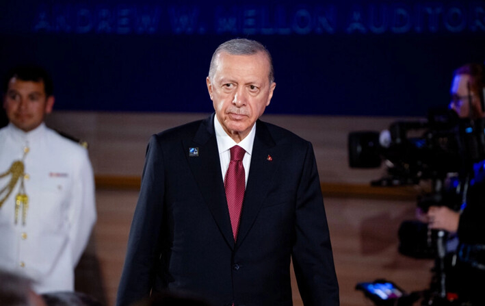 El presidente turco, Recep Tayyip Erdogan, llega a un evento de celebración del 75° aniversario de la OTAN en el Auditorio Andrew Mellon, en Washington, el 9 de julio de 2024. (Andrew Harnik/Getty Images)