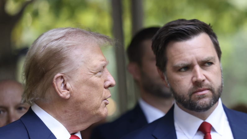 Republican presidential nominee Donald Trump and VP nominee Sen. J.D. Vance joined family and friends at Ground Zero in New York on September 11, 2024, to honor the victims of the 9/11 terror attacks, which killed nearly 3,000 people. (Michael M. Santiago/Getty Images)