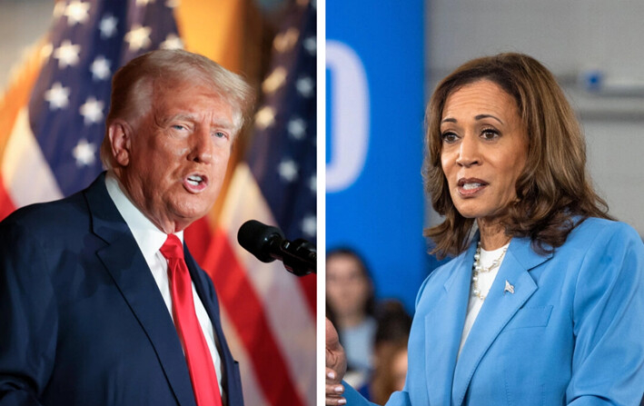 (Izq.) El candidato presidencial republicano y expresidente Donald Trump habla en II Toro E La Capra en Las Vegas, Nevada, el 23 de agosto de 2024. (der.) La candidata presidencial demócrata y vicepresidenta Kamala Harris habla sobre su plataforma política en Raleigh, Carolina del Norte, el 16 de agosto de 2024. (Ian Maule/Getty Images; Grant Baldwin/Getty Images)