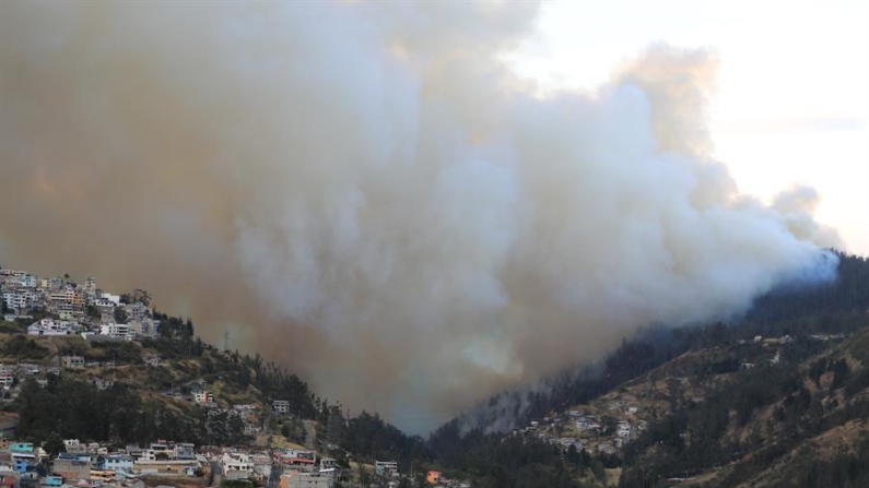 Fotografía de una columna de humo por un incendio forestal el 24 de septiembre de 2024 en el sector de Guápulo en Quito (Ecuador). EFE/ José Jácome