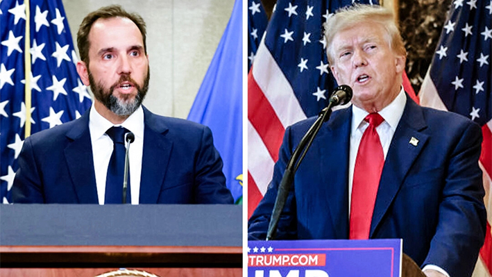 (I) El consejero especial Jack Smith en Washington el 1 de agosto de 2023. (D) El expresidente Donald Trump en Nueva York el 31 de mayo de 2024. (Michael M. Santiago/Getty Images, Alex Wong/Getty Images)