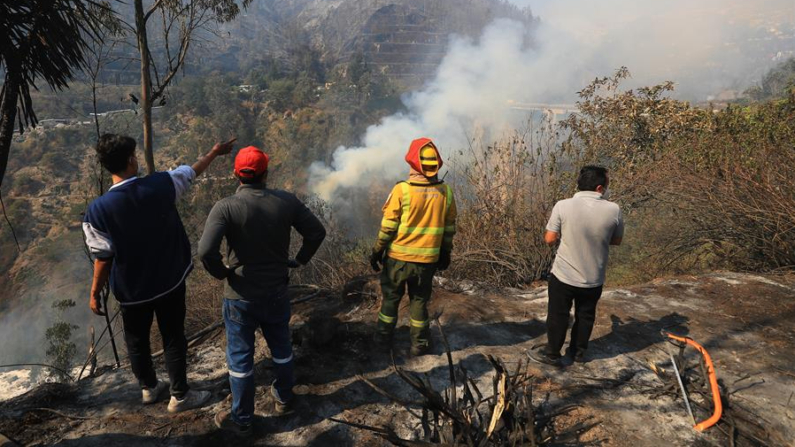 Ciudadanos e integrantes del cuerpo de bomberos de Quito observan un incendio forestal el 24 de septiembre de 2024, en Quito (Ecuador). EFE/ José Jácome
