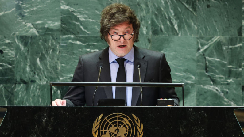 Javier Milei, presidente de Argentina, habla durante la Asamblea General de las Naciones Unidas (AGNU) en la sede de las Naciones Unidas el 24 de septiembre de 2024 en la ciudad de Nueva York. (Michael M. Santiago/Getty Images)