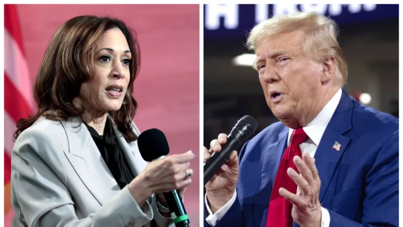 (Izquierda) La candidata presidencial demócrata y vicepresidenta Kamala Harris en Filadelfia el 17 de septiembre de 2024. (Derecha) El candidato presidencial republicano y expresidente Donald Trump en Flint, Michigan, el 17 de septiembre de 2024. (Win McNamee, Scott Olson/Getty Images)