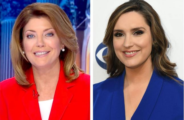 (Izquierda) En esta captura de pantalla, Norah O'Donnell acepta el premio a la presentadora de noticias más destacada en el 45 aniversario de los Premios Gracie, el 10 de septiembre de 2020. (Derecha) Margaret Brennan en The Plaza en Nueva York, el 15 de mayo de 2019. (Getty Images para Women in Media Foundation/Nicholas Hunt/Getty Images)