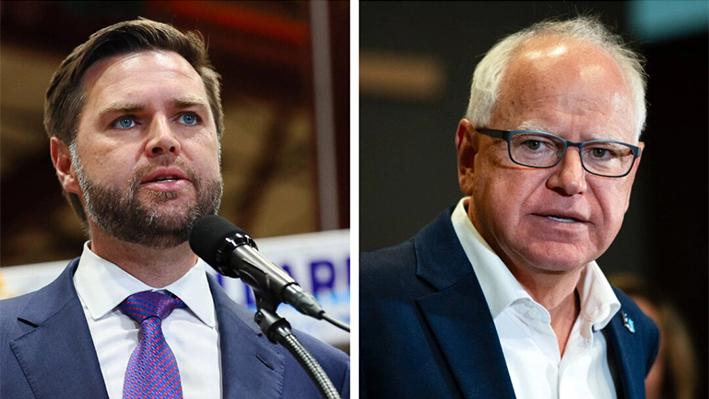 (Izquierda) El candidato republicano a la vicepresidencia, el senador republicano de Ohio JD Vance. (Derecha) El candidato demócrata a la vicepresidencia, el gobernador de Minnesota Tim Walz. (Adam Bettcher/Stephen Maturen/Getty Images)