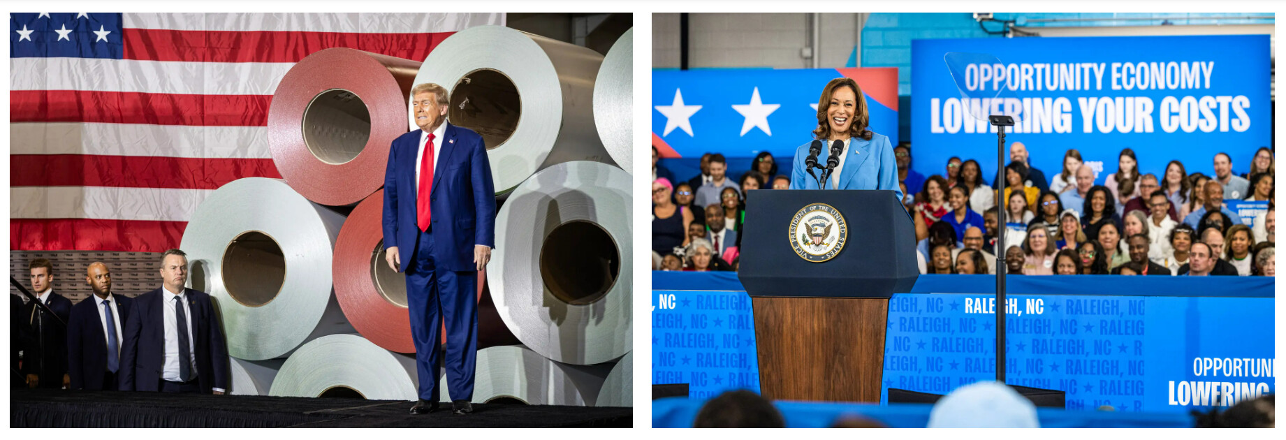 (Izquierda) El candidato presidencial republicano y expresidente Donald Trump llega a un acto de campaña en una fábrica de Walker, Michigan, el 27 de septiembre de 2024. (Derecha) La candidata presidencial demócrata y vicepresidenta Kamala Harris habla sobre su plataforma política en Raleigh, Carolina del Norte, el 16 de agosto de 2024. (Scott Olson/Getty Images, Grant Baldwin/Getty Images)