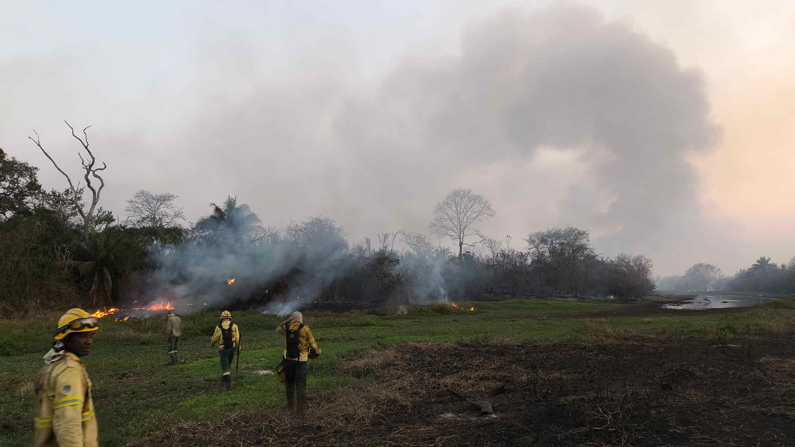 Fotografía cedida por Colectivo Quipa de bomberos combatiendo un incendio en la Amazonía. (EFE/ Colectivo Quipa)