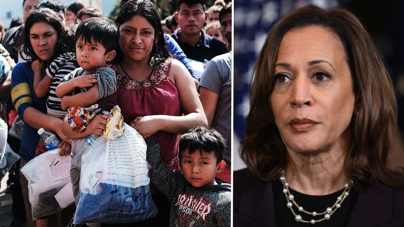 Imágenes de archivo: Izq. Decenas de mujeres, hombres y sus hijos, llegaron a una estación de autobuses tras ser liberados por la Oficina de Aduanas y Protección Fronteriza el 23 de junio de 2018 en McAllen, Texas. (Spencer Platt/Getty Images) Der. La vicepresidente de Estados Unidos Kamala Harris. (Kenny Holston-Pool/Getty Images)