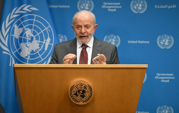 El presidente brasileño, Luiz Inácio Lula da Silva, habla durante una conferencia de prensa en la sede de las Naciones Unidas, en Nueva York el, 25 de septiembre de 2024. (Angela Weiss/AFP vía Getty Images)