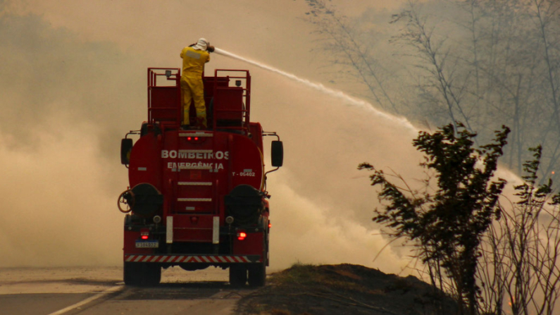 Los bomberos luchan contra un incendio en la carretera SP-215 en Sao Carlos, estado de Sao Paulo, Brasil, el 23 de agosto de 2024. (Lourival Izaque/AFP vía Getty Images)