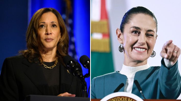 La vicepresidenta de Estados Unidos y candidata demócrata a la presidencia, Kamala Harris, habla en un evento organizado por el Club Económico de Pittsburgh en la Universidad Carnegie Mellon el 25 de septiembre de 2024 en Pittsburgh, Pensilvania. (Jeff Swensen/Getty Images) | La presidenta de México Claudia Sheinbaum, habla durante una conferencia de prensa en Palacio Nacional de la Ciudad de México, México, el 3 de octubre. (EFE/ Sáshenka Gutiérrez)