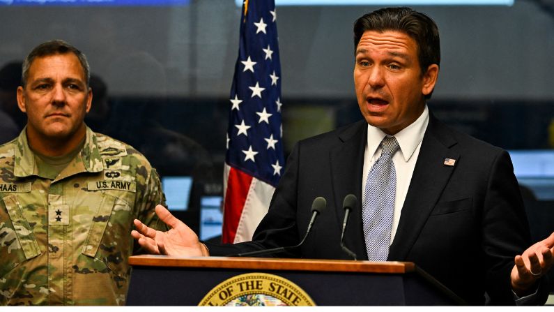 Florida Governor Ron DeSantis held a press conference at the State Emergency Operations Center in Tallahassee on September 26, 2024, as Hurricane Helene, a Category 4 storm, approached Florida's Gulf coast. (CHANDAN KHANNA/AFP via Getty Images)