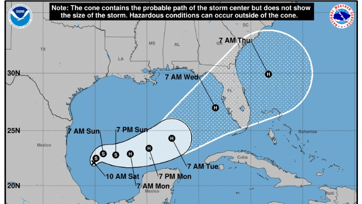 El Centro Nacional de Huracanes pronostica la trayectoria de la Depresión Tropical 14-ahora Tormenta Tropical Milton-a las 11 a.m. ET del 5 de octubre de 2024. (Servicio Meteorológico Nacional / Centro Nacional de Huracanes)