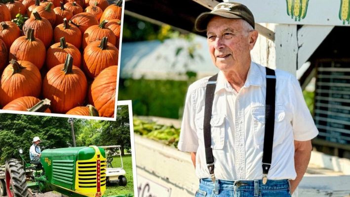 Jeremy Mayne, de 80 años, propietario de la granja Mayneland en Naperville, Illinois. (Ilustración de The Epoch Times, fotos de John Burkowski)
