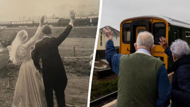 Pareja recrea la foto de su boda hace 65 años saludando al tren que pasa