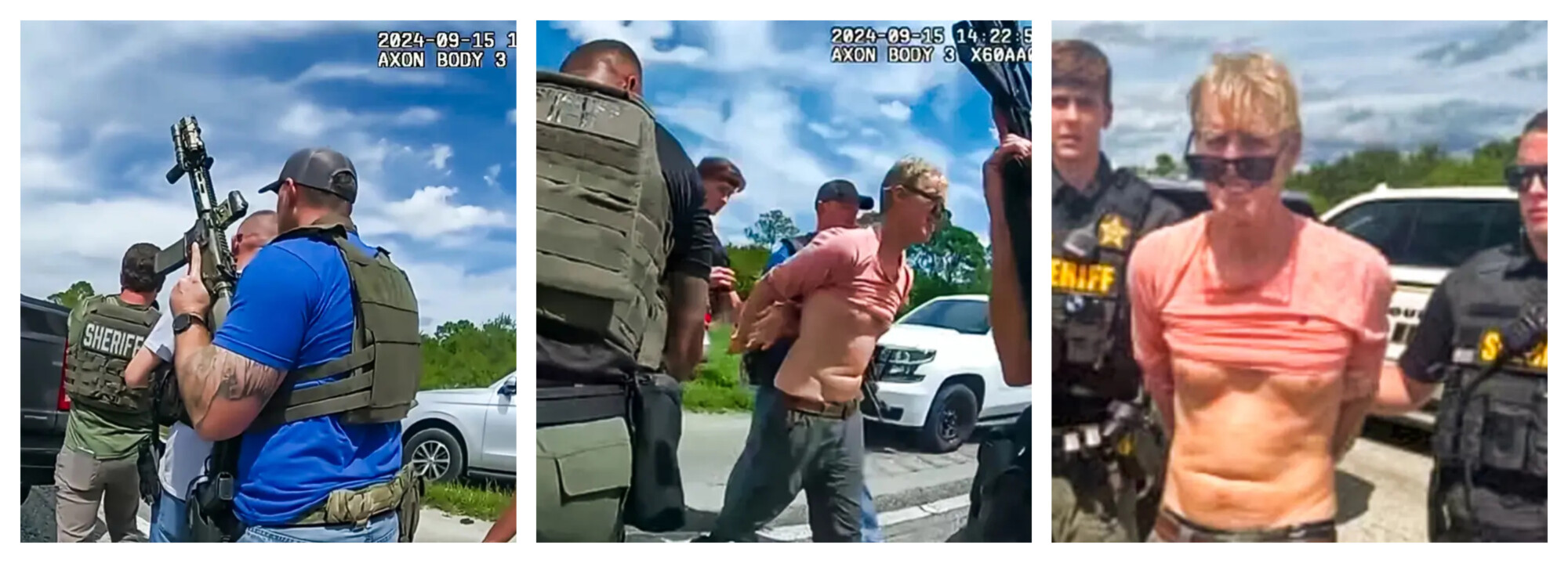 Imágenes de la detención de Ryan Routh por la policía del condado de Martin, Florida, el 15 de septiembre de 2024. Routh fue detenido inicialmente en relación con dos cargos federales por posesión de armas de fuego. (Captura de pantalla vía NTD, Oficina del Sheriff del condado de Martin)