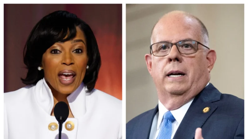 (Izquierda) La candidata demócrata al Senado de Maryland, Angela Alsobrooks, habla en el escenario durante el segundo día de la Convención Nacional Demócrata en el United Center en Chicago, Illinois, el 20 de agosto de 2024. (derecha) El gobernador de Maryland, Larry Hogan, ofrece una conferencia de prensa en el Capitolio del Estado de Maryland en Annapolis, Maryland, el 5 de agosto de 2021. Chip Somodevilla, Drew Angerer/Getty Images