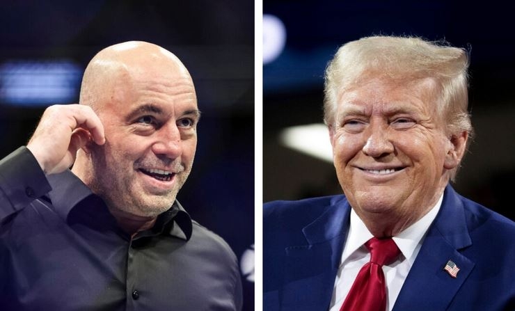 (Izquierda) Joe Rogan en Jacksonville, Florida, el 9 de abril de 2022. (Derecha) El expresidente Donald Trump en Flint, Michigan, el 17 de septiembre de 2024. (James Gilbert/Getty Images; Scott Olson/Getty Images)