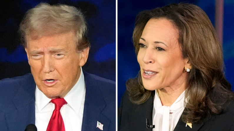 El candidato presidencial republicano, el ex presidente Donald Trump, a la izquierda, y la candidata presidencial demócrata, la vicepresidenta Kamala Harris, durante un debate presidencial de ABC News en el Centro Nacional de la Constitución, en Filadelfia, el martes 10 de septiembre de 2024. (Alex Brandon/AP)