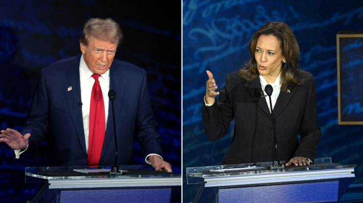 El candidato presidencial republicano, el expresidente Donald Trump, en un debate con la candidata presidencial demócrata, la vicepresidenta Kamala Harris, durante la campaña para las elecciones presidenciales en The National Constitution Center el 10 de septiembre de 2024 en Filadelfia, Pensilvania. (Win McNamee/Getty Images)