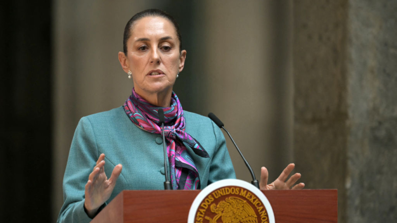 La presidenta mexicana, Claudia Sheinbaum, habla durante la Cumbre de Alto Nivel entre líderes y empresarios mexicanos y estadounidenses en el Palacio Nacional de la Ciudad de México (México) el 15 de octubre de 2024. (Yuri Cortez/AFP vía Getty Images)