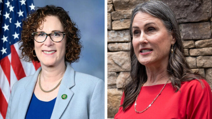 (Izquierda) Retrato oficial de la representante Val Hoyle (D-Oreg.), el 3 de enero de 2023. (Derecha) Monique DeSpain, candidata republicana a la Cámara de Representantes por el 4º distrito de Oregón, habla durante un evento en Washington el 11 de junio de 2024. (Cámara de Representantes de los Estados Unidos, dominio público, a través de Wikimedia Commons; Madalina Vasiliu/The Epoch Times)