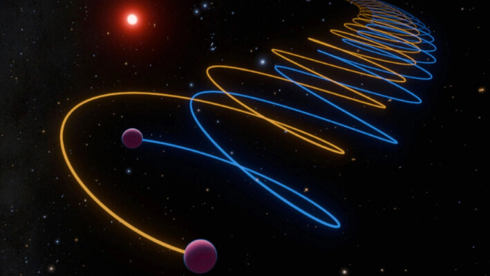 Esta ilustración proporcionada por Caltech muestra las órbitas de las enanas marrón gemelas, Gliese 229Ba y Gliese 229Bb, con una separación solo 16 veces mayor que la distancia entre la Tierra y la Luna. (K. Miller, R. Hurt/Caltech/IPAC)