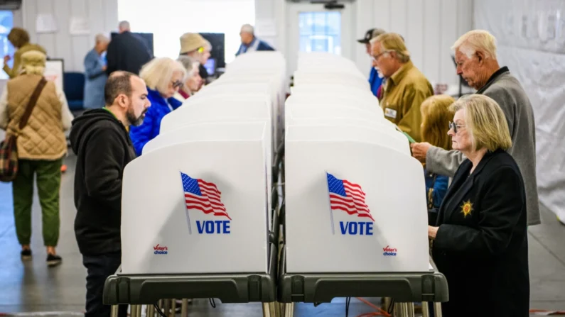 Votantes hacen sus selecciones en cabinas de votación dentro de un centro de votación anticipada en Hendersonville, Carolina del Norte, el 17 de octubre de 2024. (Melissa Sue Gerrits/Getty Images)
