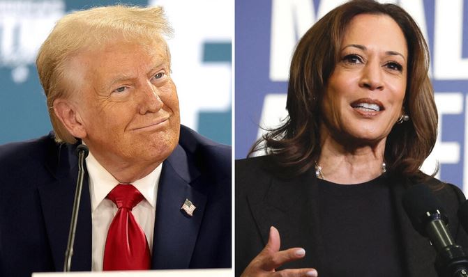 (Izquierda) El expresidente Donald Trump en una mesa redonda con miembros de la comunidad en Auburn Hills, Michigan, el 18 de octubre de 2024. (Derecha) La vicepresidenta Kamala Harris habla durante un acto de campaña en Lansing, Michigan, el 18 de octubre de 2024. (Win McNamee/Getty Images; Jeff Kowalsky/AFP vía Getty Images)