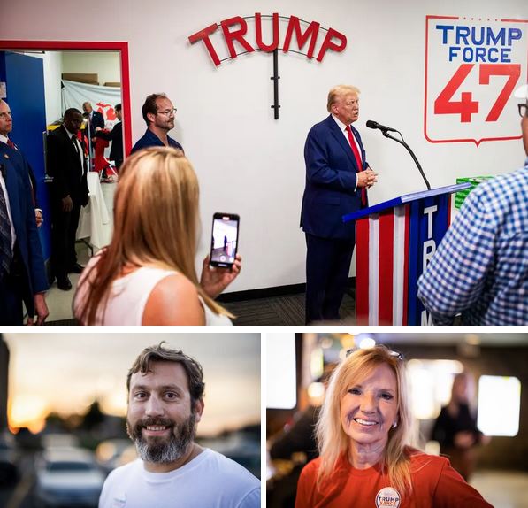 (Arriba) El expresidente Donald Trump habla en la sede de la campaña Trump Force 47 en Roseville, Michigan, el 26 de agosto de 2024. (Abajo a la izquierda) Michael Tiedeman, partidario de Trump, se prepara para ver el debate vicepresidencial en Omaha el 1 de octubre de 2024. (Abajo a la derecha) Maggie Bellino-Bunde, partidaria de Trump, se prepara para ver el debate vicepresidencial en Omaha el 1 de octubre de 2024. (Emily Elconin/Getty Images, John Fredricks/The Epoch Times)