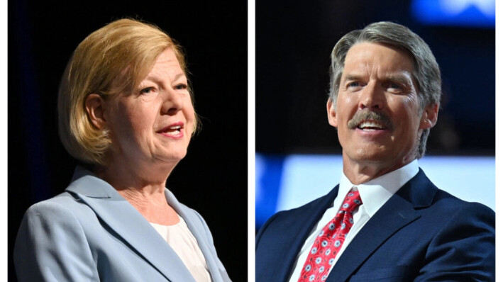 (Izq.) La senadora Tammy Baldwin (D-Wis.) en Milwaukee el 8 de junio de 2024. (Der) El político estadounidense Eric Hovde en Milwaukee el 16 de julio de 2024. Daniel Boczarski/Getty Images para el Partido Demócrata de Wisconsin; Angela Weiss/AFP vía Getty Images