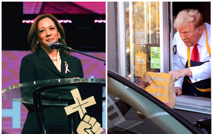 (Izq.) La vicepresidenta Kamala Harris habla durante un servicio religioso en la Iglesia Bautista Misionera New Birth en Stonecrest, Georgia, el 20 de octubre de 2024. (Der.) El expresidente Donald Trump trabaja en una línea de autoservicio mientras visita un restaurante McDonald's, en Feasterville-Trevose, Pensilvania, el 20 de octubre de 2024. (Megan Varner, Win McNamee/Getty Images)