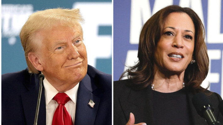 (Izq.) El ex presidente Donald Trump en una mesa redonda con miembros de la comunidad en Auburn Hills, Michigan, el 18 de octubre de 2024. (Der.) La vicepresidenta Kamala Harris habla durante un acto de campaña en Lansing, Michigan, el 18 de octubre de 2024. Win McNamee/Getty Images; Jeff Kowalsky/AFP vía Getty Images